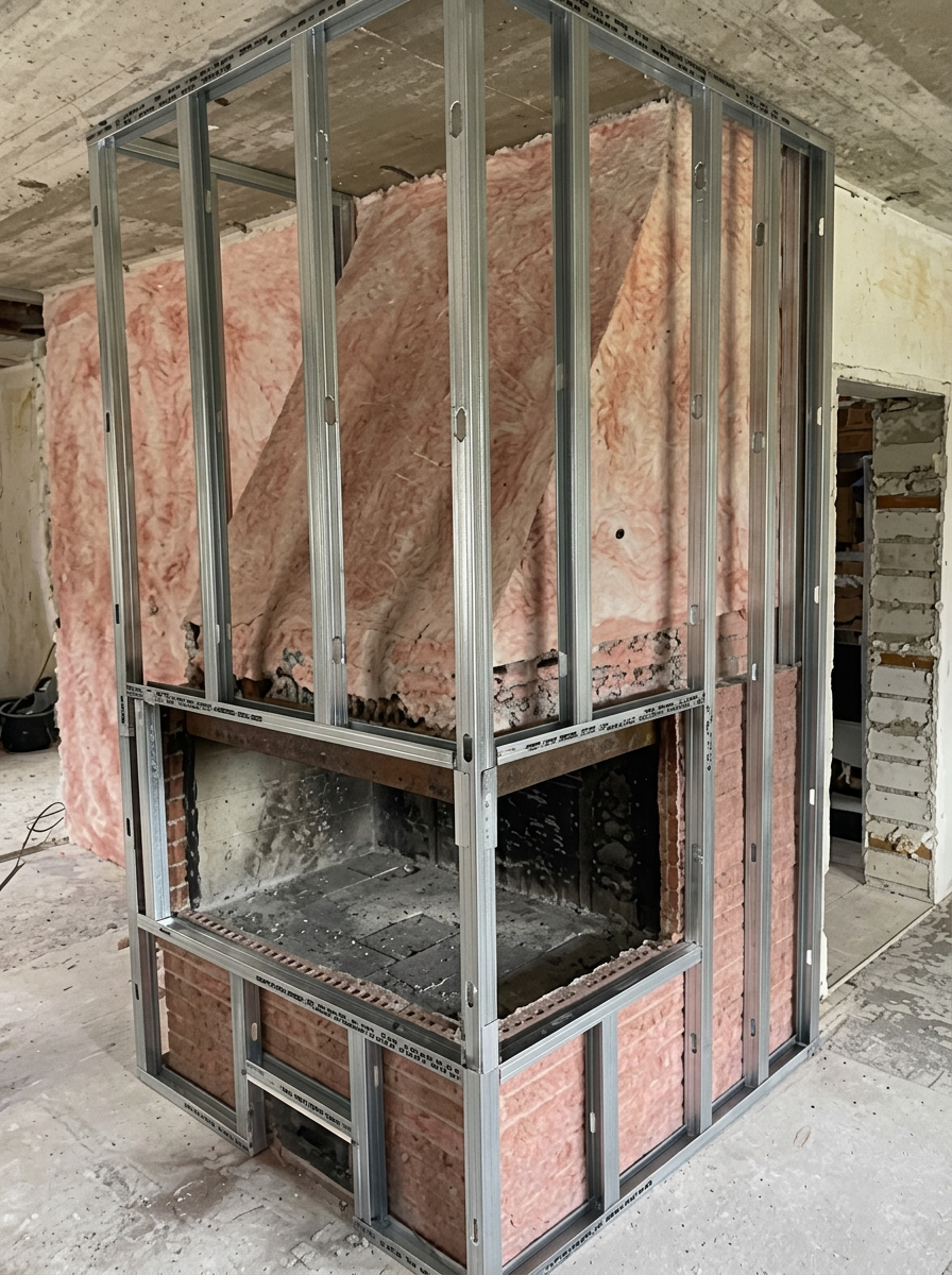 Kamin während des Umbaus mit neuer Metallständerkonstruktion