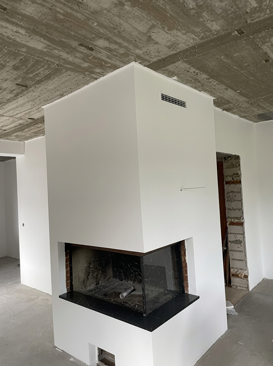 Modernisierter Kamin mit weißer Oberfläche und schwarzer Brennkammer