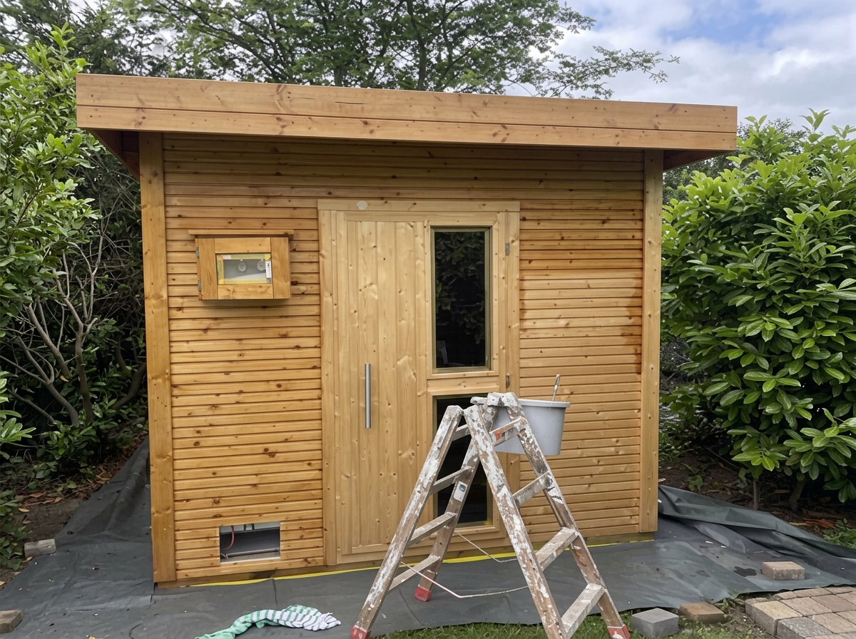 Gartenhaus mit Holzfassade während der Montage mit Leiter